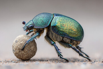 A detailed image of dung beetle rolling a ball of dung, emphasizing their ecological role.