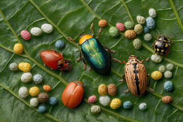 Macro photography of varied insect poop on leaves, displaying diversity in excrement forms.