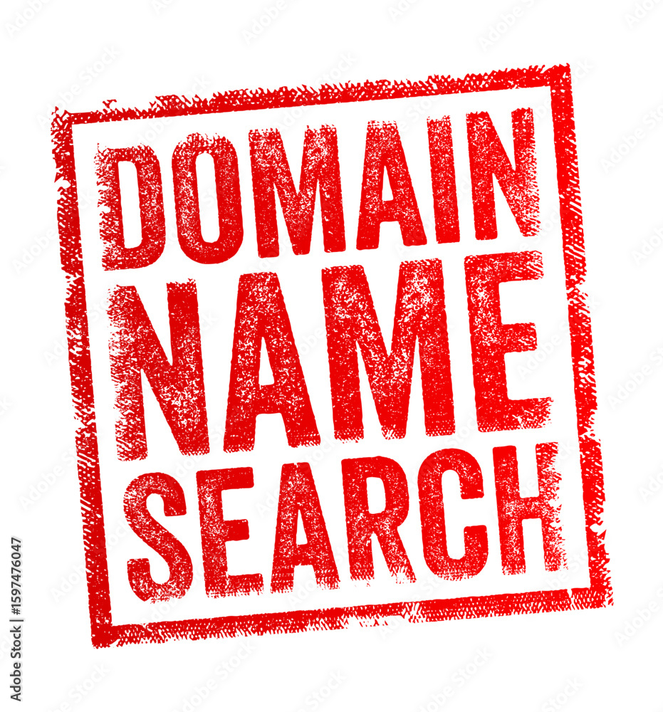 Poster grunge rubber stamp with bold text domain name search in all caps, symbolizing internet branding, bu
