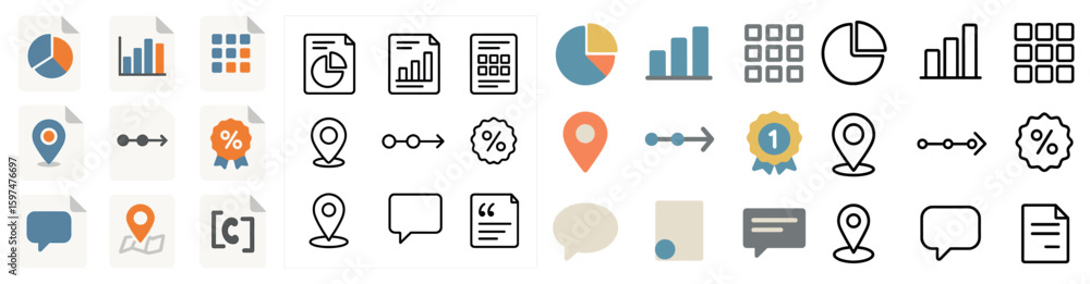 Poster business and analysis outline icons set – flat, linear, data and report symbols