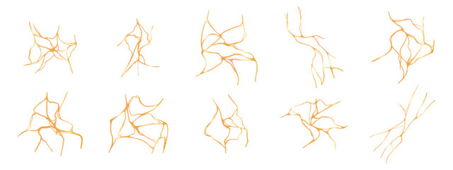 Set of gold kintsugi crack shapes. Japanese golden elements isolated on white bg. Elegant vector collection.