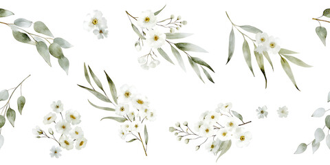 Delicate watercolor eucalyptus and floral botanical pattern on white background