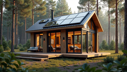 Cozy modern cabin design with solar panels surrounded by a serene forest landscape