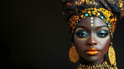 African woman with elaborate traditional jewelry and vibrant face paint, wearing colorful headwrap and ornate accessories, styled in cultural fashion portrait