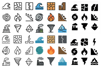 Natural disaster icons set: filled, silhouette symbols, emergency alerts