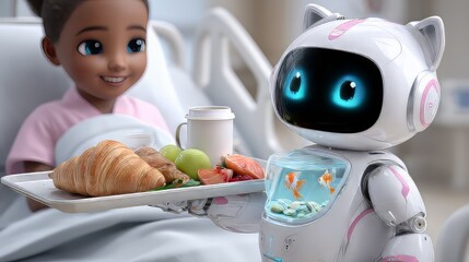Robotic feline serving morning meal to recovering pediatric patient, integrated aquarium displaying swimming goldfish in mechanical chest compartment,Robotic feline serving
