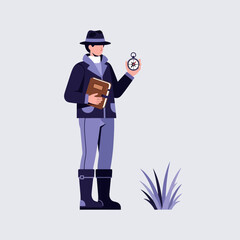 Standing Man Holding Compass and Brown Book Wearing Black Hat