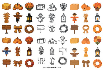 Fall landscaping pixel art icons set – autumn, gardening, seasonal symbols
