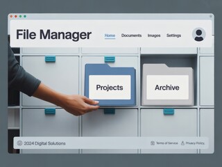 Photo of a hand selects a project folder in a file manager application on a screen