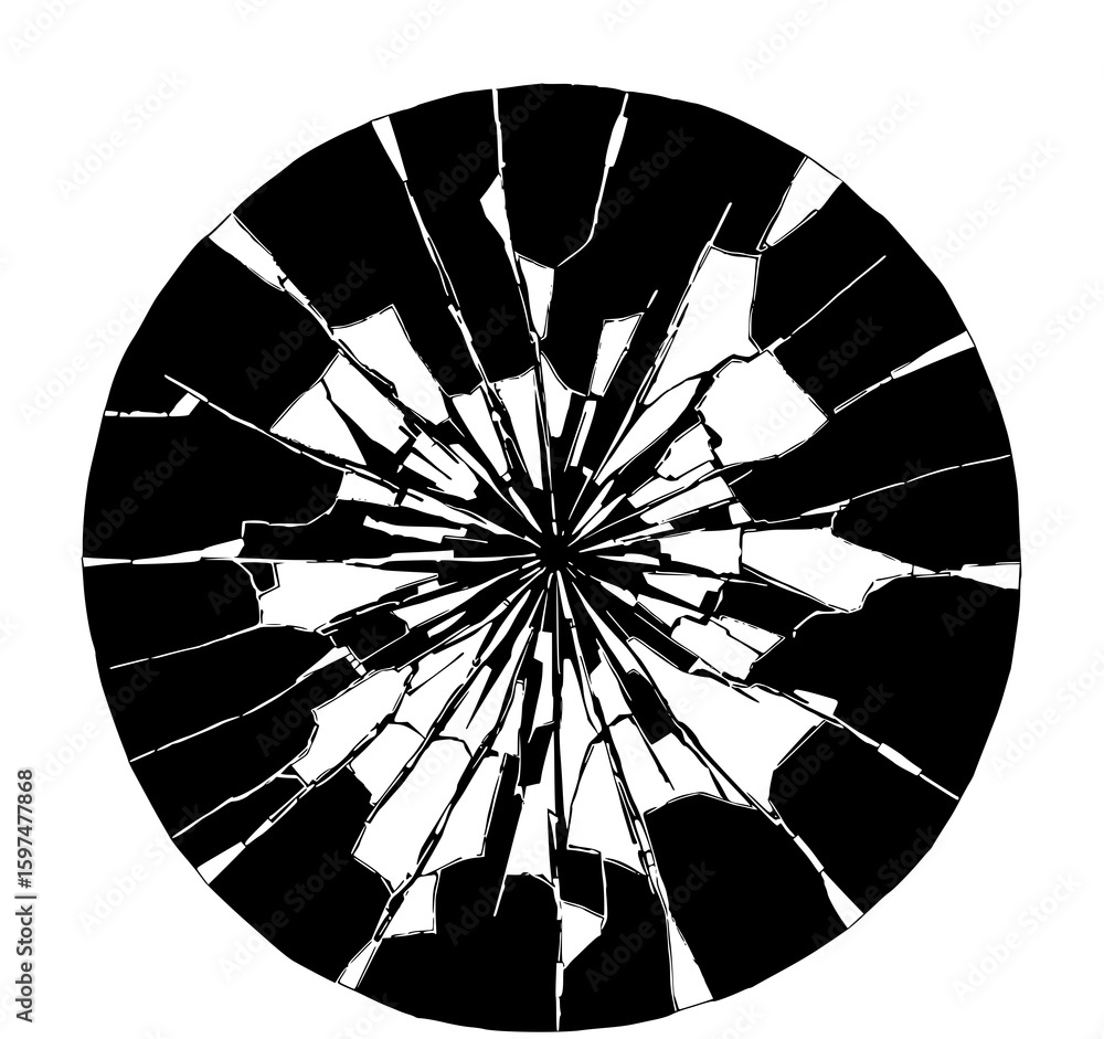 Poster shattered circle: a bold monochrome illustration of a circular object fractured into sharp, radiatin