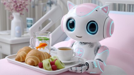 Robotic feline patient resting in hospital bed, eating croissant and fruit, golden fish swimming beside medical room bed,Pediatric robotic nurse