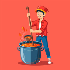 Cartoon Boy Stirring Red Soup in Pot with Ladle on Coral Background