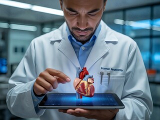 Photo of a doctor is examining a 3d heart model on a tablet in a modern laboratory setting