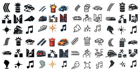 Obraz premium Racing and transportation pixel art icons set – isometric, car and vehicle graphics