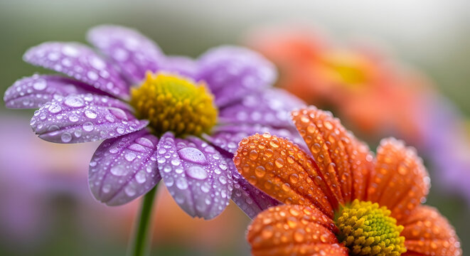 Water droplets on purple and orange daisy flowers highlighting vibrant colors, nature