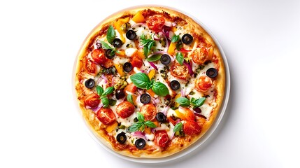A delicious pizza topped with fresh tomatoes, olives, and basil on a white plate