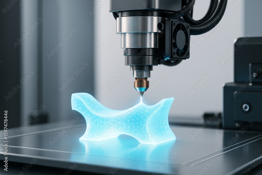 Poster futuristic 3d printer with glowing light-blue abstract object being printed on dark industrial backg
