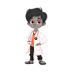 Smiling cartoon boy character dressed as a doctor with a stethoscope