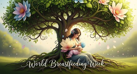 Illustrated of celebrating breastfeeding awareness with a dove, rainbow accents, Generative ai