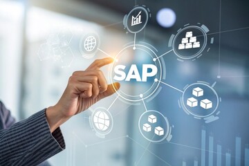 Person interacting with a digital sap interface and business process icons