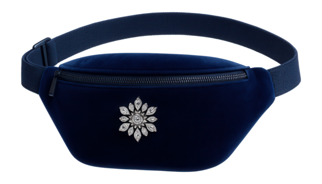 Velvet waist bag in royal blue with a decorative crystal brooch accent