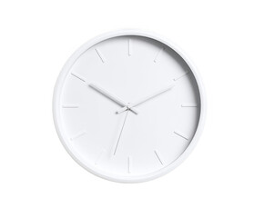 Minimalist white round wall clock with thin hands isolated on transparent background