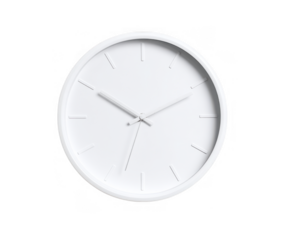 Minimalist white round wall clock with thin hands isolated on transparent background