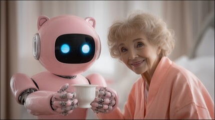 Pink robot serving tea to smiling senior woman, highlighting robotic assistance and compassionate care for elderly, representing technological support in personal interaction