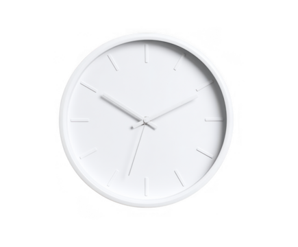 Minimalist white round wall clock with thin hands isolated on transparent background - Powered by Adobe