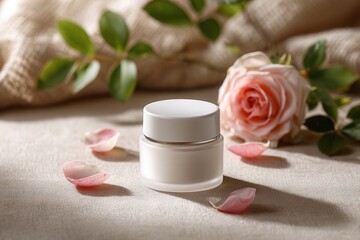 White cosmetic jar surrounded by a few rose petals and a blooming rose