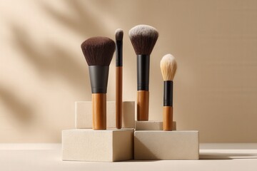Complete makeup brush set displayed on stacked beige rectangular plinths on pastel background