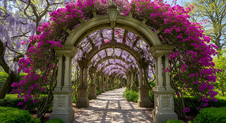 Obraz premium Flowering arches create a tranquil pathway through a garden in the springtime season