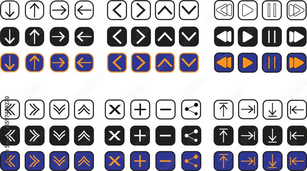 Poster arrow and control icons set in minimal square design featuring navigation, media, math, and ui symbo