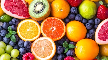 Colorful Assortment of Fresh Tropical Fruits Including Citrus, Berries, Kiwi, and Pomegranate on a White Surface