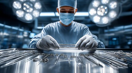 Masked surgeon preparing sterile surgical instruments on metallic tray, standing near bright surgical lamps in modern operating theater, wearing protective medical attire