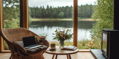 Fototapeta premium interior of a wooden house near a lake with large windows