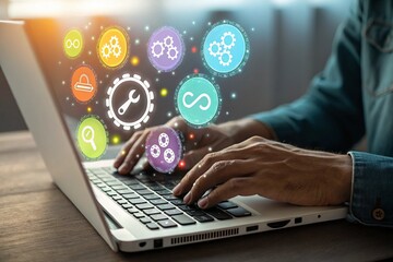 Hands typing on a laptop with glowing digital icons above