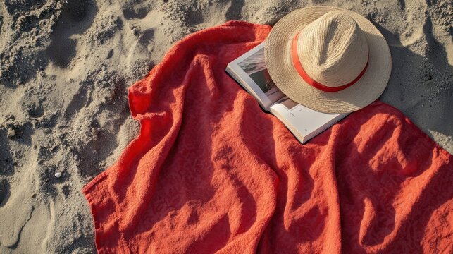 Red towel on beach and book with summer hat - Powered by Adobe