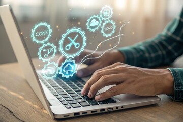 Hands typing on laptop with digital icons representing business processes