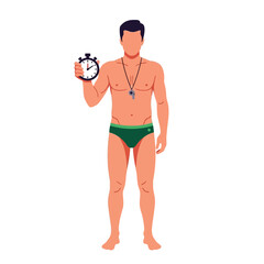 Athletic Man Holding Stopwatch Wearing Swimsuit Isolated on White