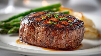 Juicy medium-rare ribeye steak, perfectly grilled. A celebration of rich flavors and culinary mastery.