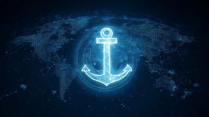 Glowing Anchor: Maritime Symbol, Nautical Graphic, Blue Light, Sparkle Effect, Deep Sea Theme, Abstract Design, Digital Art, Background Illustration