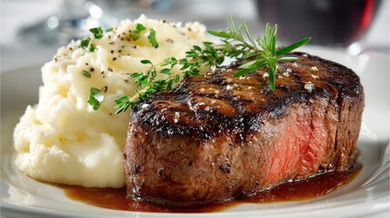 Juicy medium-rare ribeye steak, perfectly grilled. A celebration of rich flavors and culinary mastery.