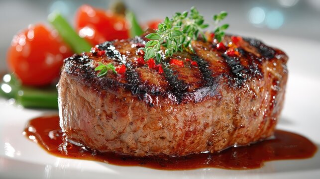 Juicy medium-rare ribeye steak, perfectly grilled. A celebration of rich flavors and culinary mastery.