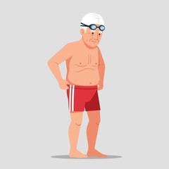 Older Man Wearing Swim Cap and Goggles in Red Shorts Standing