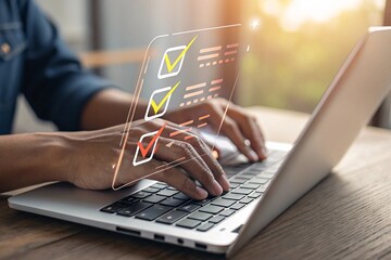 Hands typing on a laptop with digital checklist and progress indicators