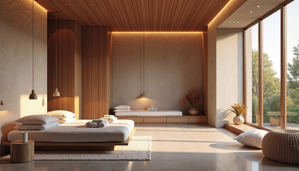 Minimalist bedroom design with wooden elements and natural light in a serene atmosphere