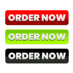 Bold Order Now Buttons: A trio of vividly colored, glossy ORDER NOW buttons, each inviting customers to take immediate action and embrace the convenience of online ordering.