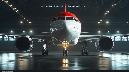 Fototapeta premium Modern commercial airplane inside a spacious hangar with bright lighting and reflective flooring, front view of jet aircraft with engines and landing gear