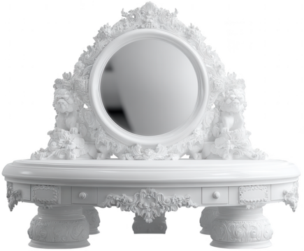 Ornate white rococo vanity table with mirror and foo dog accents isolated on transparent background